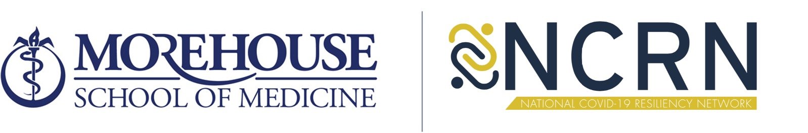 two side by side logos. On the left a blue snake wrapped around a sword inside of a circle next to all caps in navy blue Morehouse school of medicine. On the right, yellow and dark blue interlocking chain links with dots on top and bottom that looks like an abstract hug from above next to all caps NRCN over a golden band. 