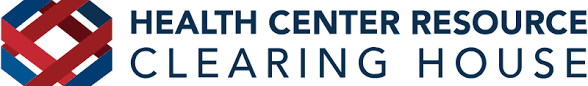 interlocking blue and red bands in a cross shape next to all caps navy blue lettering Health Center Resource Clearinghouse. Link to HRSA clearinghouse. 