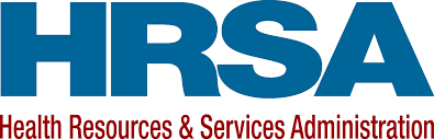 All caps HRSA in blue above title case Health Resources and Services Administration in red. Link to HRSA page.