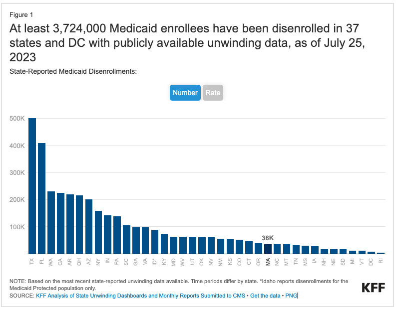 Preview of a bar graph showing blue lines of descending length. Across the bottom axis of the graph are the states. Link to the Kaiser Family Foundation webpage. 